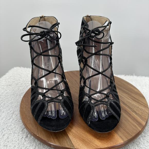 Jimmy Choo Heel Womens 8.5 Black Leather Lace up Peep Toe Snake Skin Gladiator - Picture 3 of 10